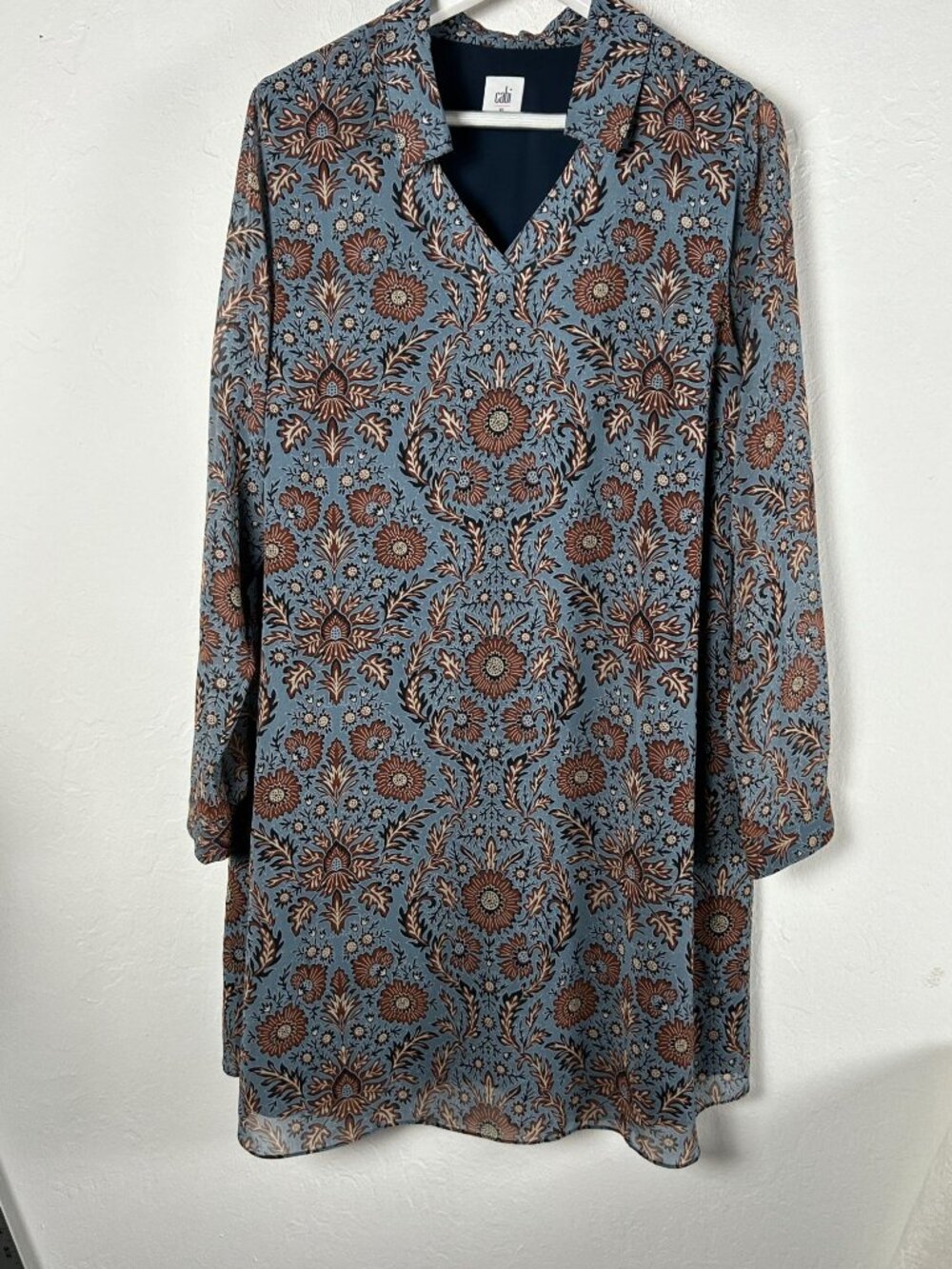 Cabi Womens Provincial Tunic Dress XL Blue Brown Floral Shift Style 3295 Boho